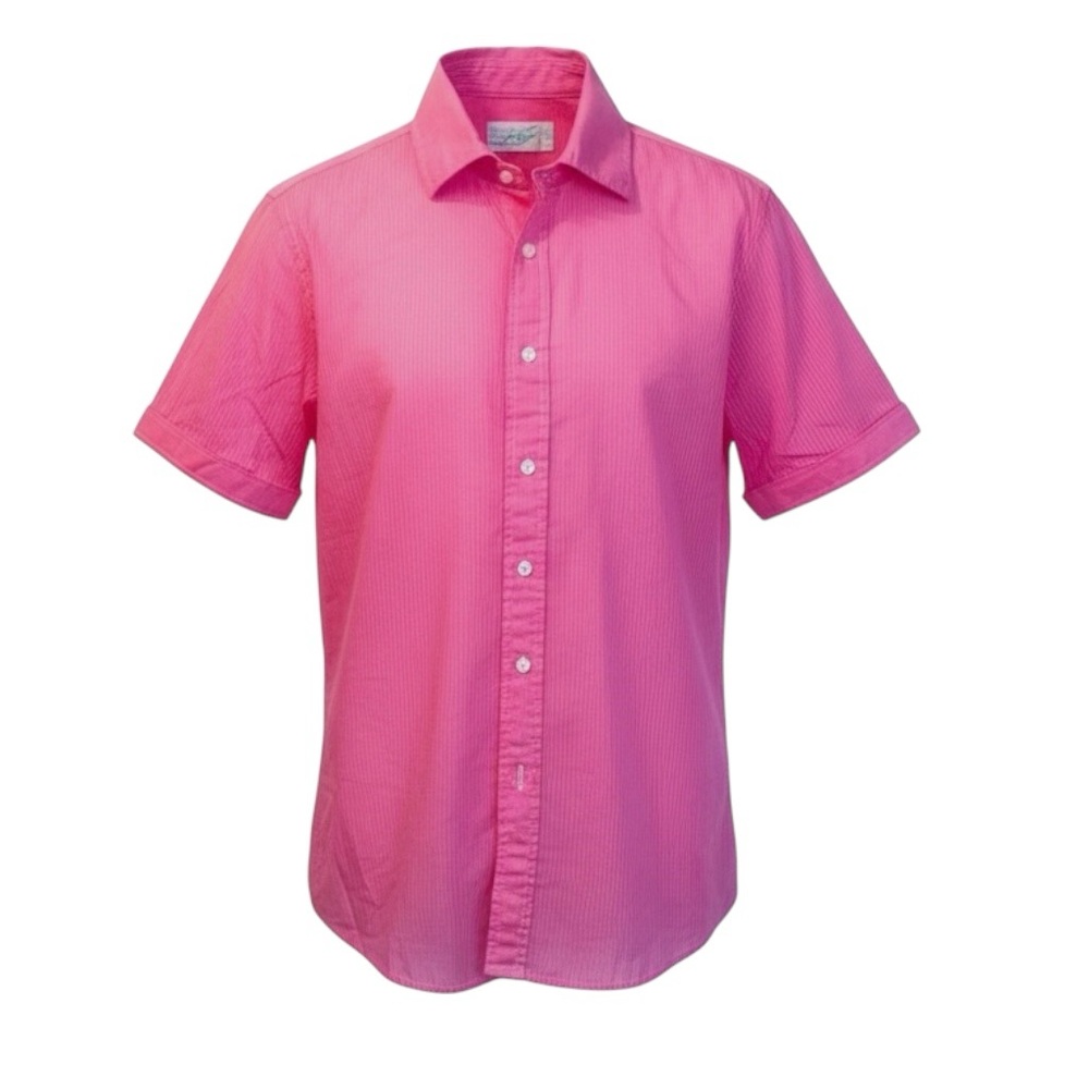 Seaplane Men Pink Striped Short Sleeve Button Down Shirt Size Medium Made in USA